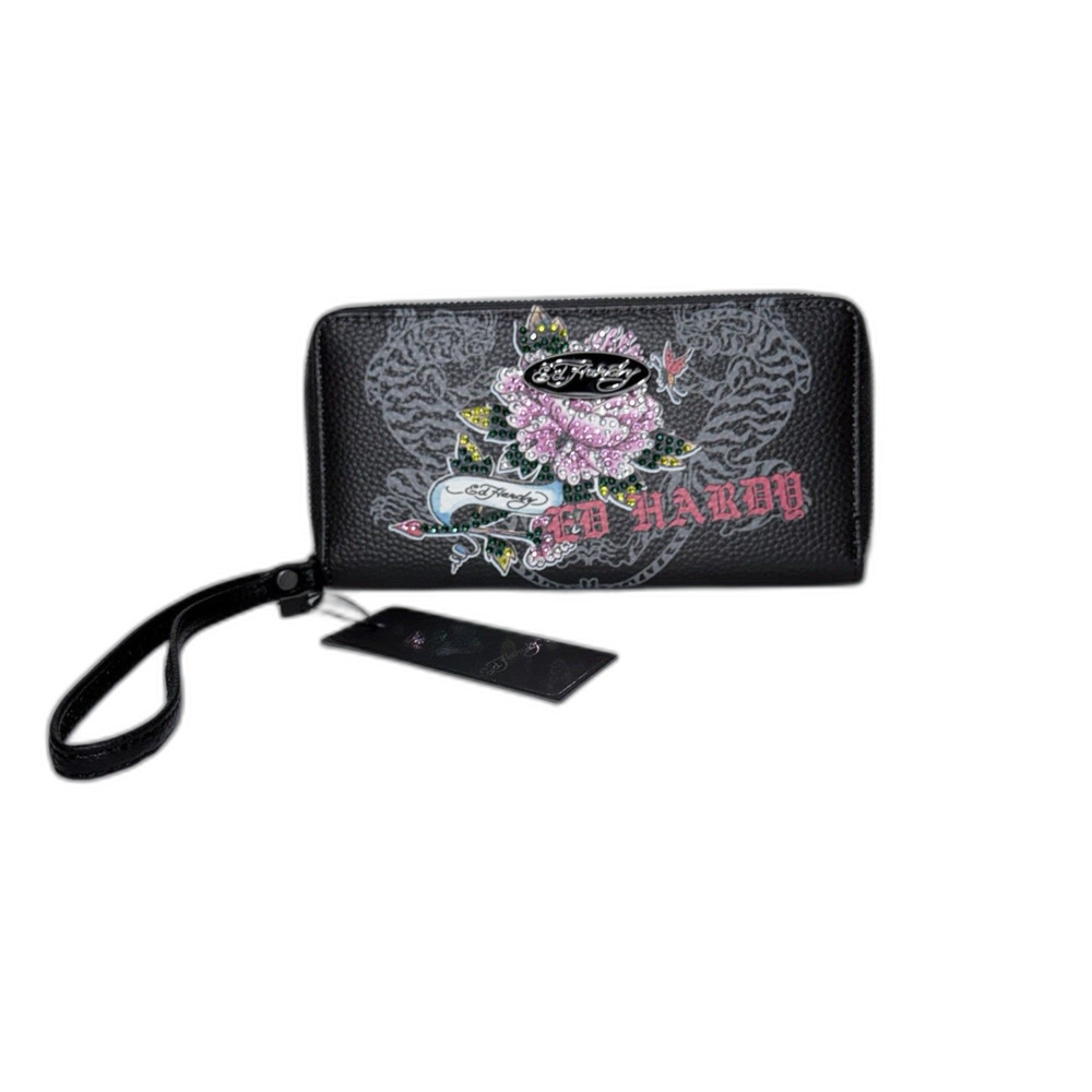 Ed Hardy Wallet Wristlet Black Tiger Rhinestone Flower Bifold Zip Around NWT